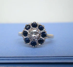 1970s 18ct Yellow Gold Old European Cut Natural Diamond & Sapphire Cluster Ring - Picture 1 of 11