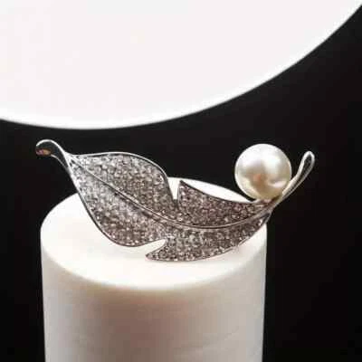 935 Silver Fancy Feather Design With Shiny Pave Set 3 CT Sapphire & Pearl Brooch - Image 1 of 4