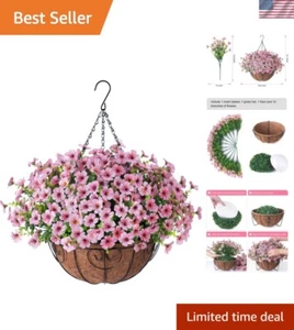 Charming Faux Silk Pink Daisy Hanging Plant in Rattan Basket - All-Season Decor - Picture 1 of 8