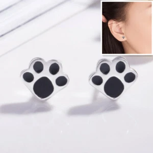Shiny 925 Sterling Silver Plated Cute Small Cat Paw Print Stud Earrings Gift UK - Picture 1 of 4