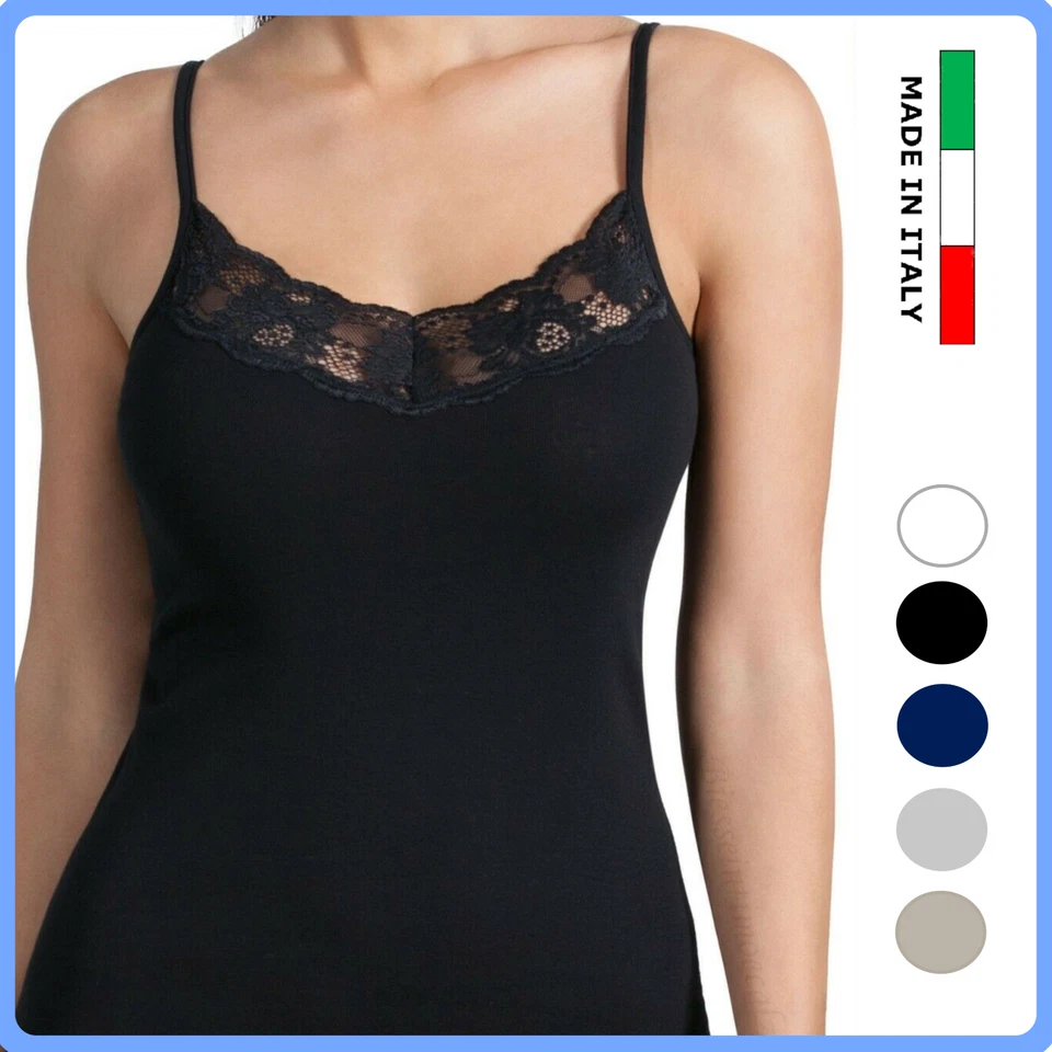 MA.RE Canotta intima donna in 100% cotone con pizzo canottiera spalla stretta top da