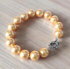 2Pcs Beautiful 12mm Gold South Sea Shell Pearl Round Beads Bracelet 7.5"