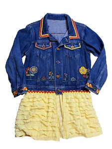Handcrafted Girls Blue Denim Jacket Size 9 Beaded Flowers Lace Ruffles Jewls - Picture 1 of 12