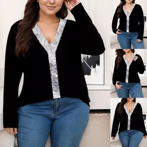 Plus Size Women's Sequin V Neck T shirt Long Sleeve Casual Loose Tops Blouse Tee - Picture 1 of 17