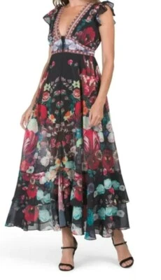 Dalia Macphee Black Floral Print Boho Chic Ruffle Hem Maxi Dress SZ M $295 NWT - Image 1 of 4