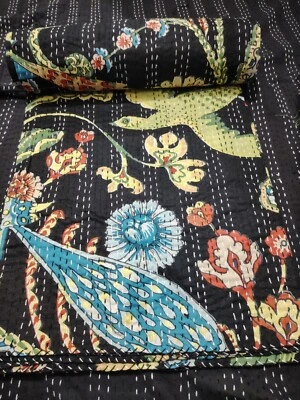 Indian Bedspread Throw Black Floral Print Kantha Quilt,blanket Cotton king size - Image 1 of 4