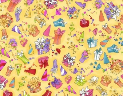 Loralie Designs - Party Toss Yellow Quilting Fabric - With Party Hats & Presents - Image 1 of 4
