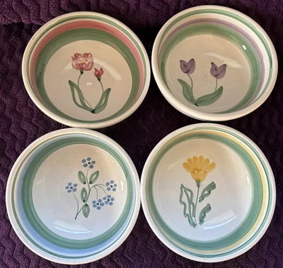 Vintage (4) Caleca Hand Painted 7” Floral  Salad Bowls. Made in Italy - Image 1 of 4