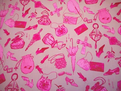 Quilt Fabric 1 1/8 Yard Pink Vintage Purses Shoes Gloves Gray Premium Cotton N C - Image 1 of 2