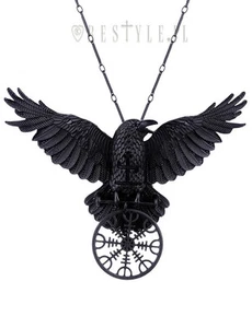 Restyle Helm of Awe Raven Pendant Nordic Talisman Black Crow Healing Necklace - Picture 1 of 3