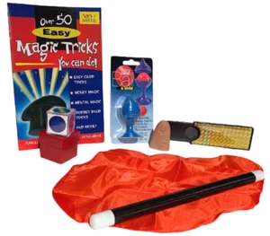 OVER 50 EASY MAGIC TRICKS SET Book Thumb Tip Coin Ball Vase Vision Box Wand Kit - Picture 1 of 24