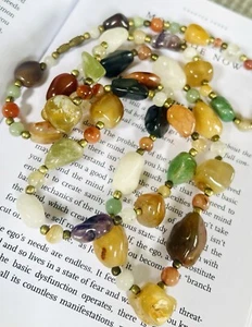 Vintage Jade Jasper Amethyst Quartz Gemstone Beaded Single Strand Long Necklace - Picture 1 of 6