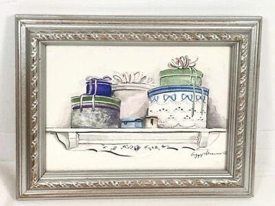 Peggy Abrams Framed Art Hat Boxes Gold Frame 8x 6” Bows & Boxes Powder Room Pic. - Image 1 of 4
