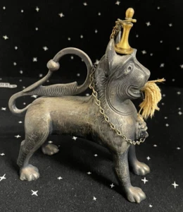 ANTIQUE TEMPLE LION OIL LAMP AQUAMANILE BRONZE/BRASS - Picture 1 of 22