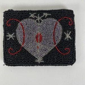 Beaded Boho Zipper Coin Pouch Purse With Heart Design - Picture 1 of 7