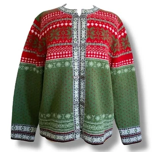 Vintage Cambridge Dry Good Womens Cardigan Sz Medium Green Red Wool Nordic Knit - Picture 1 of 8