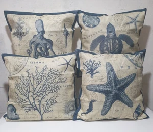 Cushion Covers 45 x 45cm Set of Four Linen Sea Life Vintage Blue & Beige NEW - Picture 1 of 6
