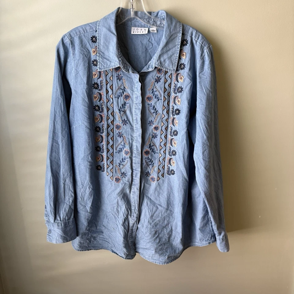 Camisa Denim Joan Rivers Botón Frontal Bordado Talla L Grande A515233 Foto 1 de 4