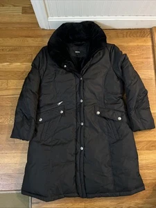 DKNY Black Puffer Down Full Zip Hideable Hood Trench Over Coat Women's Large - Picture 1 of 12