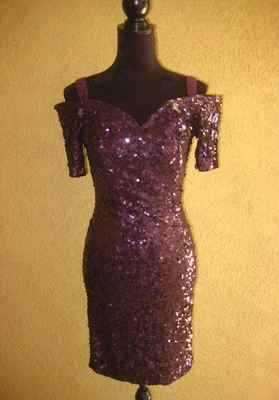 Vestido de noche lápiz elástico lentejuelas fuera del hombro morado Modi vintage Foto 1 de 4