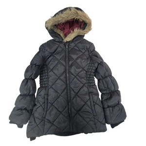 Lucky Brand Kids Medium Puffer Zip Up Jacket Black Fur Lined Hood - Picture 1 of 8