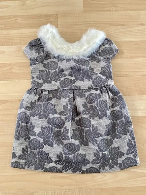 Vestido Janie & Jack Niñas 6-12 Meses Gris Cuello Piel Sintética y Florers Nuevo con Etiquetas Foto 1 de 4