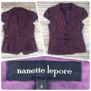 Nanette Lepore Purple Collar Short Sleeve 3 Button Blazer Jacket Size 4 - Picture 1 of 5