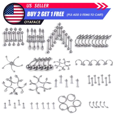 10-110pcs Mix Stainless Steel Nose Tongue Ear Cartilage Tragus Body Piercing Kit - Image 1 of 4