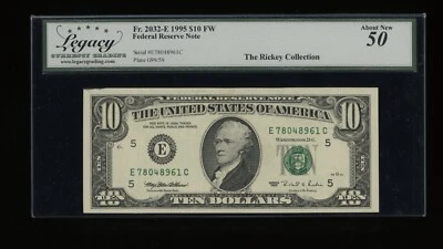 DBR 1995 $10 FRN Richmond Fr. 2032-E Legacy AU-50 Serial E78048961C - Image 1 of 2