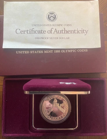 1988  OLYMPICS PROOF COMMEMORATIVE SILVER DOLLAR  W/ OGP! FREE U S SHIPPING Cover