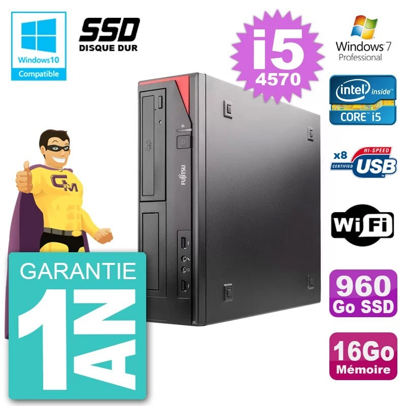 PC Fujitsu Esprimo E520 Dt i5-4570 RAM 16Go SSD 960Go Grabador DVD Wifi W7 - Imagen 1 de 1