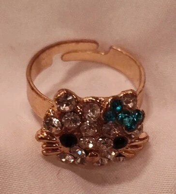 Gold Diamond Rhinestone Blue Bow Hello Kitty Cat Adjustable Band Ring Jewelry - Image 1 of 4