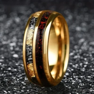 Anillo de tungsteno 6/8 mm para hombres mujeres matrimonio meteorito lámina de oro anillo con incrustación de ópalo rojo Foto 1 de 4