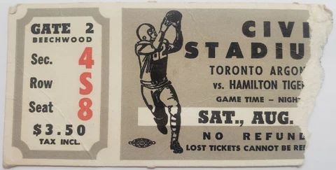 1966 Civic Stadium Toronto Argonauts vs Hamilton Tiger Cats CFL Football Ticket Cover