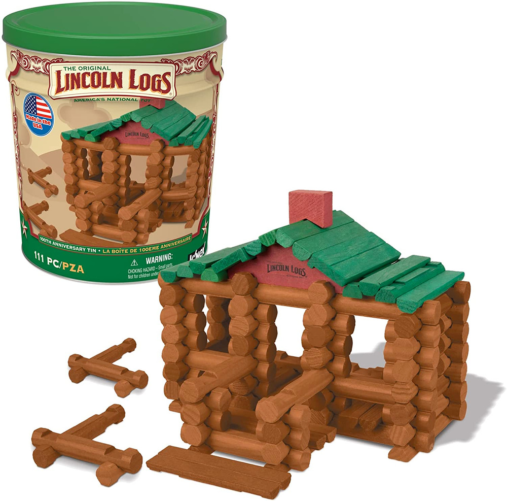 Lincoln Logs 100th Anniversary Tin 111 Pieces-Real Wood Logs Retro Building Set
