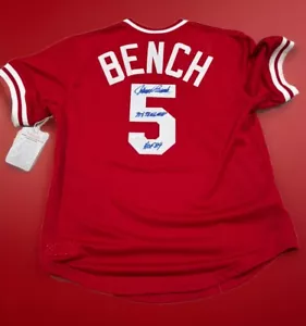 Maglietta Johnny Bench AUTO ""70 72 NL MVP"" HOF 89 Firmata Rossa JSA CERT - Foto 1 di 4