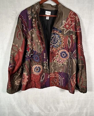 Chico's Embroidered Beaded Silk Blend Jacket-Button Up Boho Patchwork Celestial - Image 1 of 4