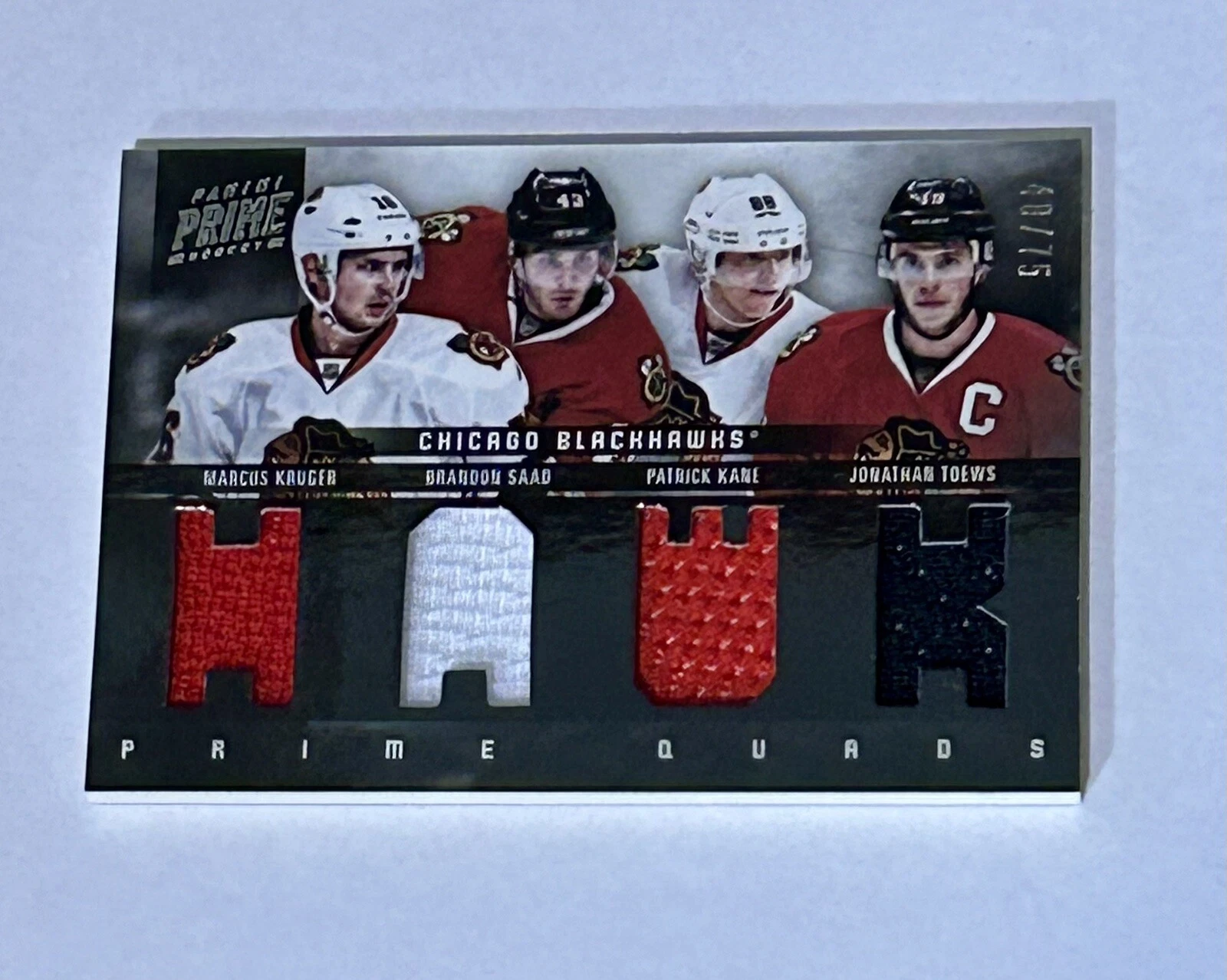 2011-12 Panini Prime Quads Jersey Patrick Kane Jonathan Toews Saad Kruger 48/75