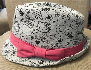 HELLO KITTY Girls Sanrio Fedora Gray With Black Print & Pink Ribbon Bow One Size - Picture 1 of 5