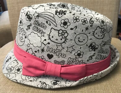 HELLO KITTY девочек Sanrio Fedora серый с черным принтом и розовая лента бант один размер - Изображение 1 из 4
