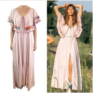 Chasing Unicorns Size L 12-14 (8 US) Pale Pink Embroidered Cape Maxi Dress - Picture 1 of 24