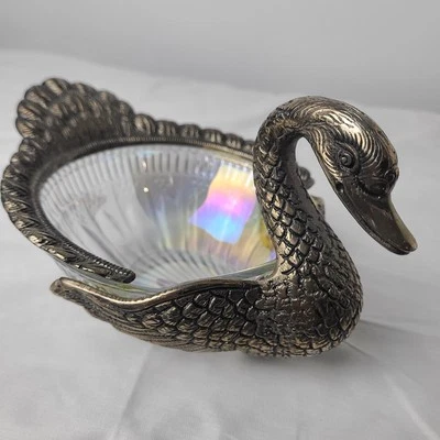 Vintage Silver Glass Swan Sugar Bowl Dish Textured Iridescent 8" - Image 1 of 4