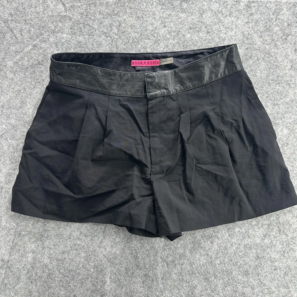 Pantalones Cortos Alice + Olivia Para Mujer 4 Borde de Cuero Negro Mezcla de Lana Plisados Elegantes EE. UU. Foto 1 de 4