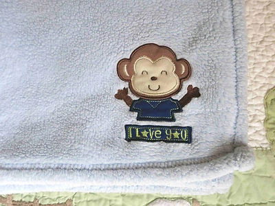 Cutie Pie  I Love You Monkey Blue Polyester Plush Fleece Baby Boy Blanket VGUC - Image 1 of 4