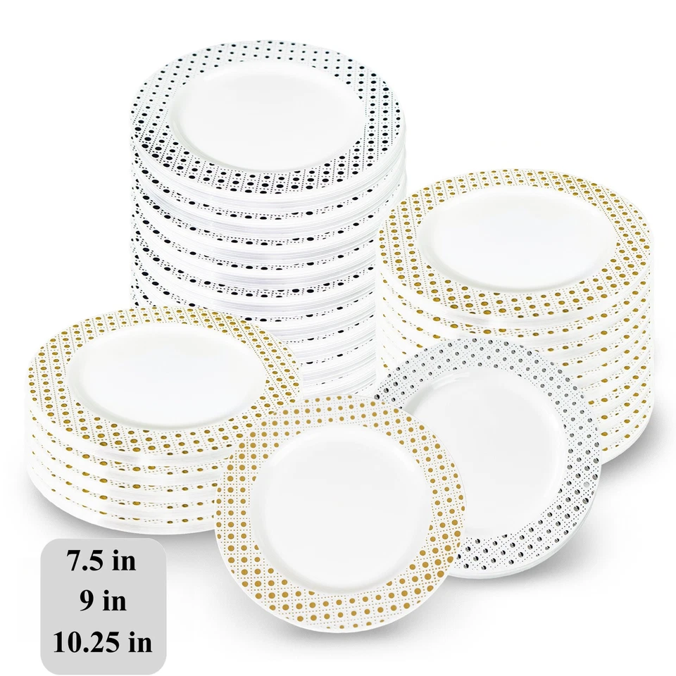 Platos de plástico desechables platos de cena de alta resistencia con borde dorado/plateado sin BPA Foto 1 de 4