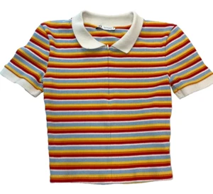 Zara Crop Polo Shirt Retro Rainbow Stripe Collar Zip Neck Preppy Short Sleeve SM - Picture 1 of 9