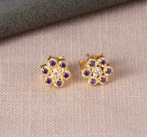 New Fashion Floral Stud Earrings Yellow Gold Amethyst & CZ Jewelry Gift For Wife - Picture 1 of 10