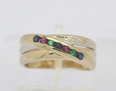 Ring 14 kt 14k 585 er Gelb Gold mit Saphir Safir Rubin Smaragd Diamanten Gr 53,5 - Bild 1 von 4