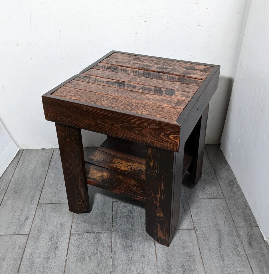 Vintage Handcrafted Rustic Primitive Rough Sawn Reclaimed Pine Wood End Table - Image 1 of 4