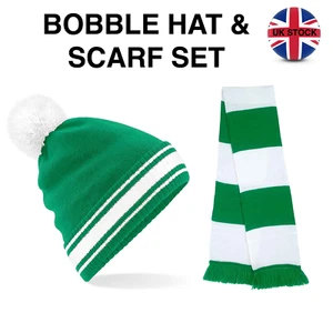 Celtic Colours Ski Bobble Hat and scarf set - Retro - Green and White - Picture 1 of 3